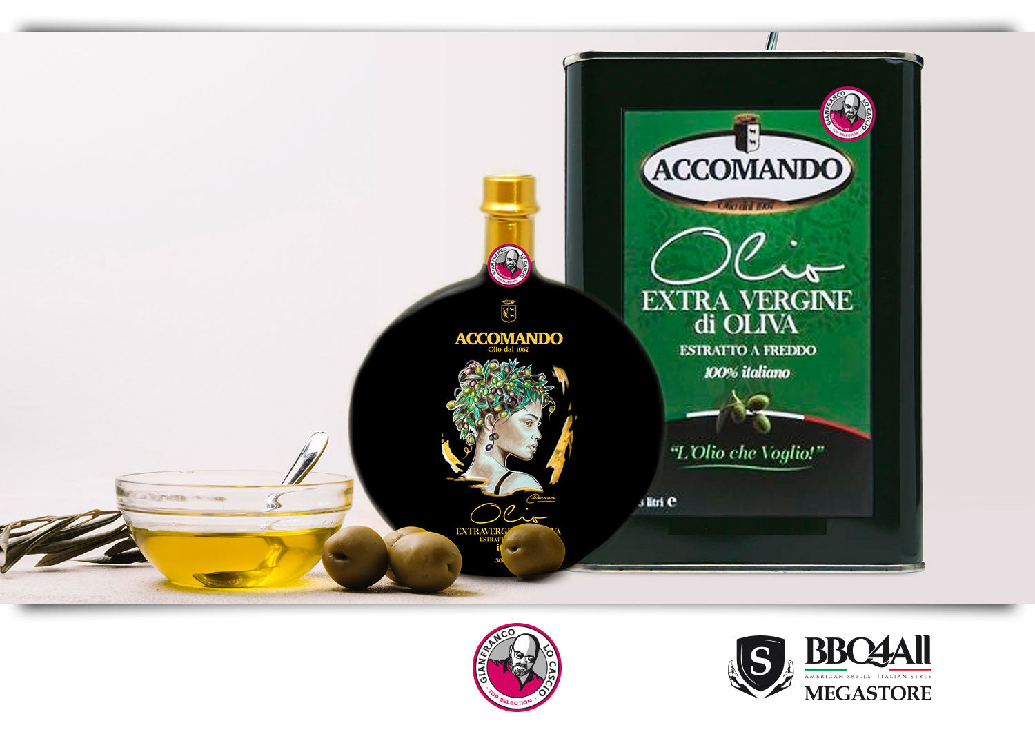 Olio Extra Vergine d'Oliva di Sicilia estratto a freddo. La Top Selection di Gianfranco Lo Cascio seleziona la migliore produzione d'olio extra vergine per garantirti qualità ad un prezzo mai visto. Disponibile in latta da tre litri o in una bottiglia decorata a mano da 0,5 L, l'olio di Sicilia esalta i sapori della carne e delle tue esperienze gastronomiche. Lo trovi sul Megastore di BBQ4ALL