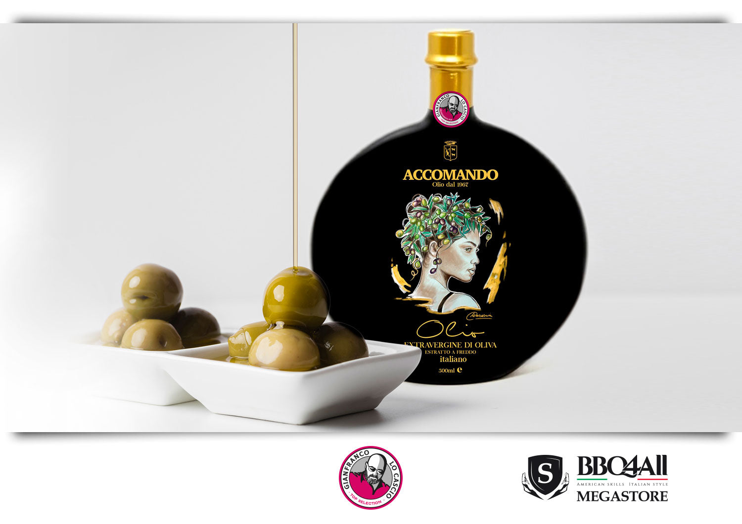 Olio Extra Vergine d'Oliva di Sicilia. La Top Selection di Gianfranco Lo Cascio seleziona la migliore produzione d'olio extra vergine per garantirti qualità ad un prezzo mai visto. Disponibile in una bottiglia decorata a mano da 0,5 L, l'olio di Sicilia esalta i sapori della carne e delle tue esperienze gastronomiche. Lo trovi sul Megastore di BBQ4ALL